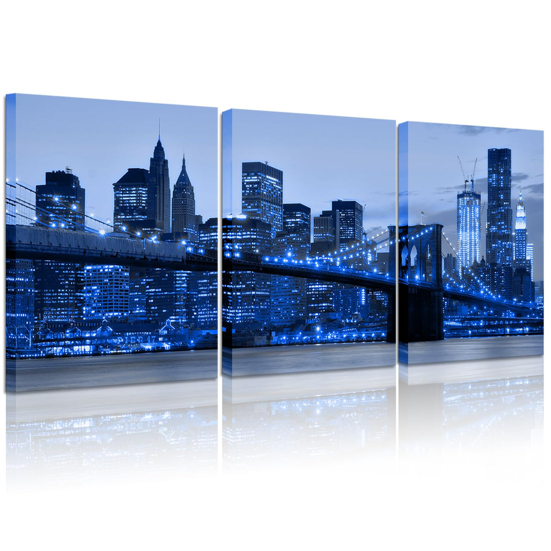 SkenoArt 3 Piece Blue New York City Canvas Wall Decor Cityscape Art Prints Brooklyn Bridge Pictures Poster NYC Night Skyline Painting for Bedroom Bathroom Home Wall Art Ready to Hang 12"x16"x3PCS