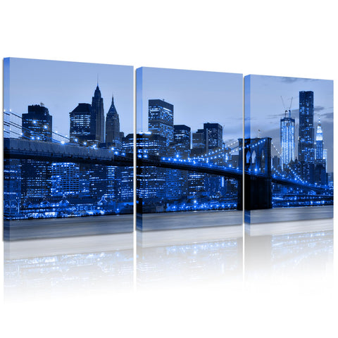 SkenoArt 3 Piece Blue New York City Canvas Wall Decor Cityscape Art Prints Brooklyn Bridge Pictures Poster NYC Night Skyline Painting for Bedroom Bathroom Home Wall Art Ready to Hang 12"x16"x3PCS