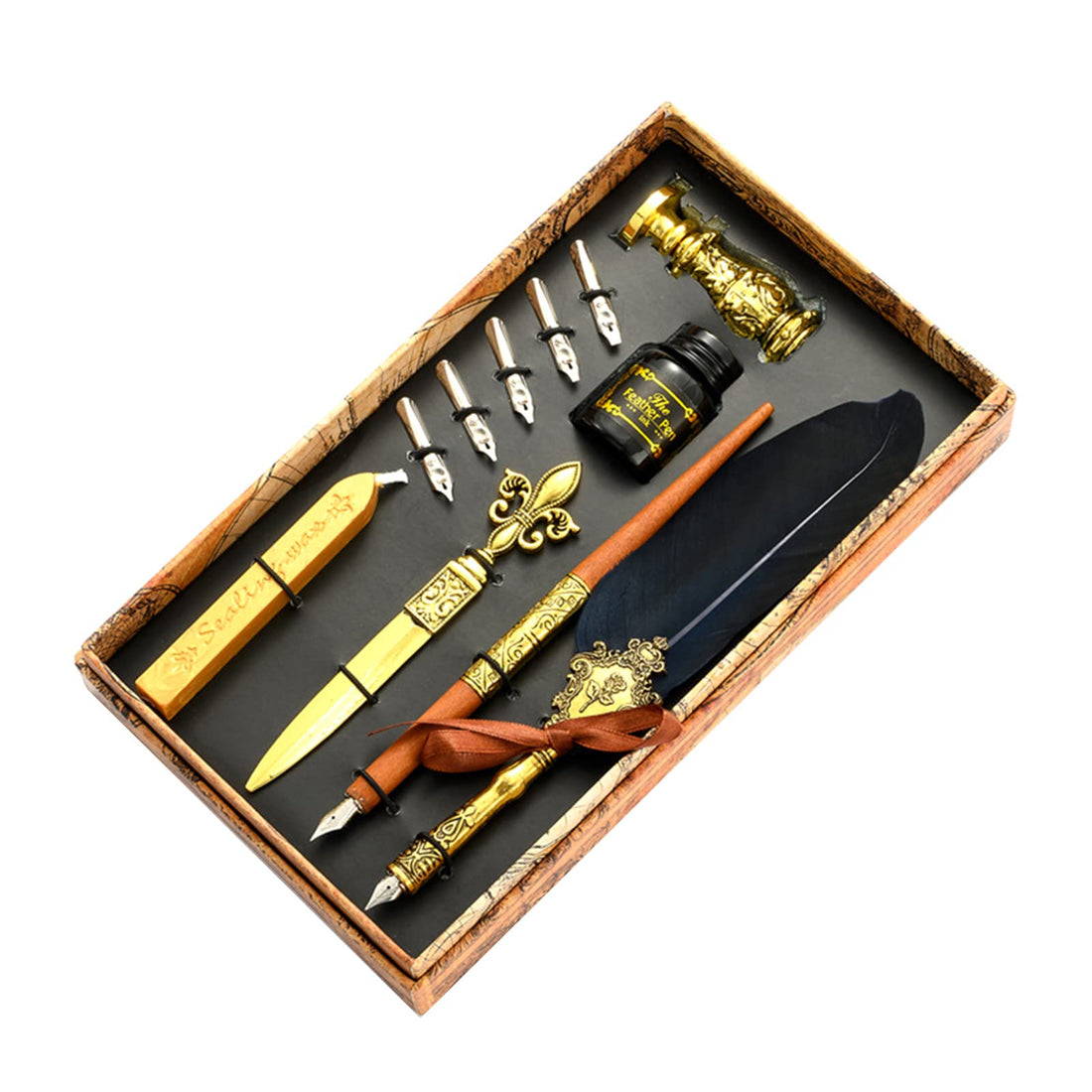 VolksRose Quill Pen and Ink Set, Calligraphy Feather Pen and Ink Set, Includes Dip Pen, 17 Replaceable Nib, Ink, Wax Seal Stamp, Wax Seal Stick, Envelope Opening Tool, Calligraphy Writing Pen Set Gift