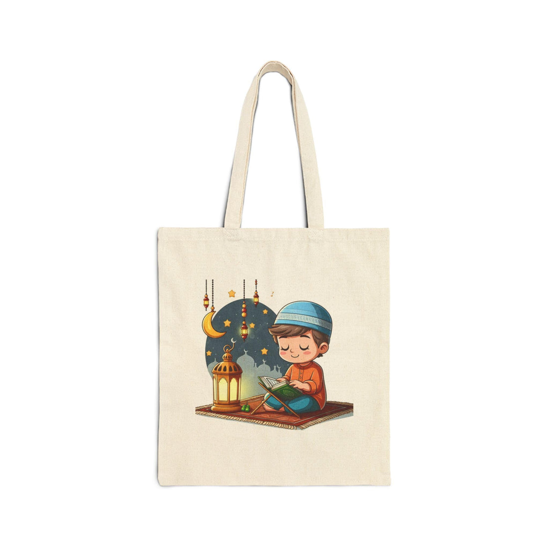 Tote Bag - Canvas Zipper Bag Cartoon Quran Child Reading Quran Beside Ramadan Lantern - Educational Cotton Shoulder Bag for Ramadan Eid Gifts, Cream White Durable and Fashionable.