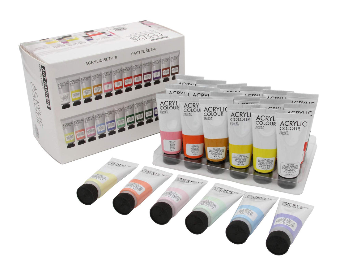 Paintersisters Acrylic Paint Set 24 Colours, 22 ml Each, Primary and Pastel Colours, for Canvas Painting