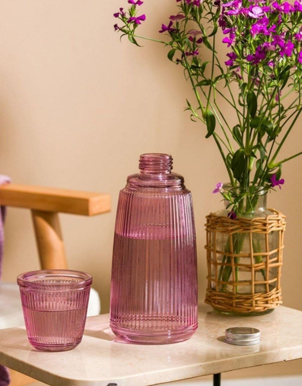 Pink Glass Bottle and Cup Set, 1 Litre Capacity, for Water, Juices, and Milk, .ex