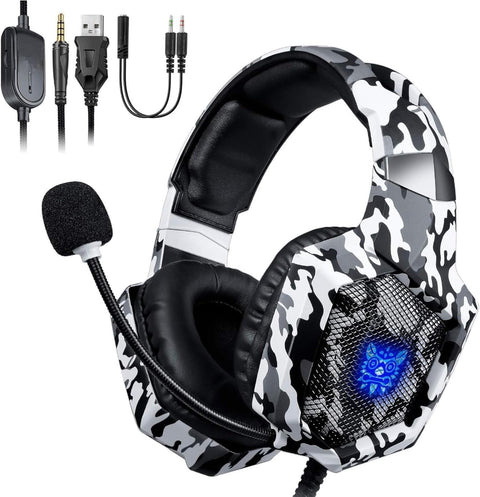ONEKUMA K8 Wired Gaming Stereo Headset with RGB Light, Headphones Over Ear with Mic, 3.5Mm Aux, Volume Control, Compatible with PS5, PS4, Laptops, Smartphone, PC, Mac Nintendo Switch (, Camo Gray)