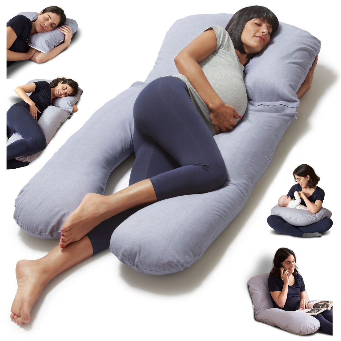 Moro Moro 3 Gamma Pregnancy Pillow U-Shape Full Body Nursing Breastfeeding Pillow Maternity Support For Belly And Legs 100% Cotton Pillowcase Removable (Full Grey)