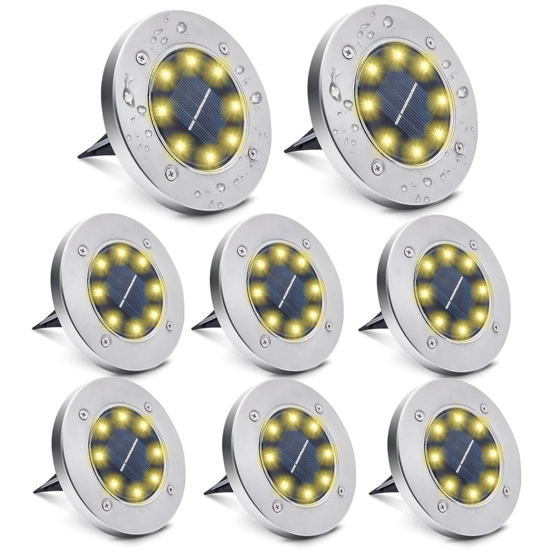 ROUNY Solar Ground Lights, 8 LED Garden Lights Solar Powered,Disk Lights Waterproof In-Ground Outdoor Landscape Lighting for Patio Pathway Lawn Yard Deck Driveway Walkway,Warm White 8 Packs