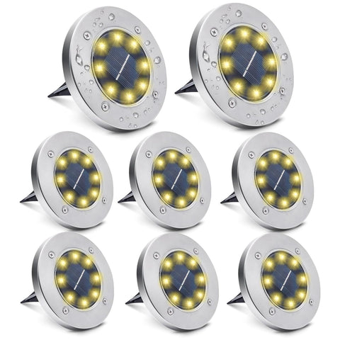 ROUNY Solar Ground Lights, 8 LED Garden Lights Solar Powered,Disk Lights Waterproof In-Ground Outdoor Landscape Lighting for Patio Pathway Lawn Yard Deck Driveway Walkway,Warm White 8 Packs