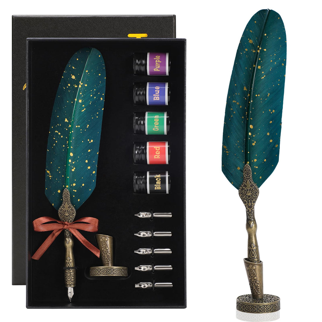 Karhood Feather Quill Pen and Ink Set - Antique Calligraphy Dip Pen with Ink, 5 Replacement Nibs and Pen Stand Base for Beginners Writing (Dark Green)