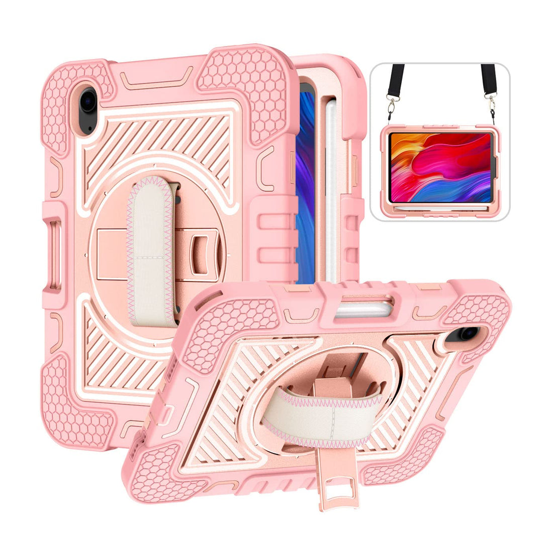 Case for Apple iPad Mini 6 (2021) 8.3 inch, Tablet, Shockproof Children's Case with 360° Rotating Stand, Hand Strap and Pen Holder, Rose Gold