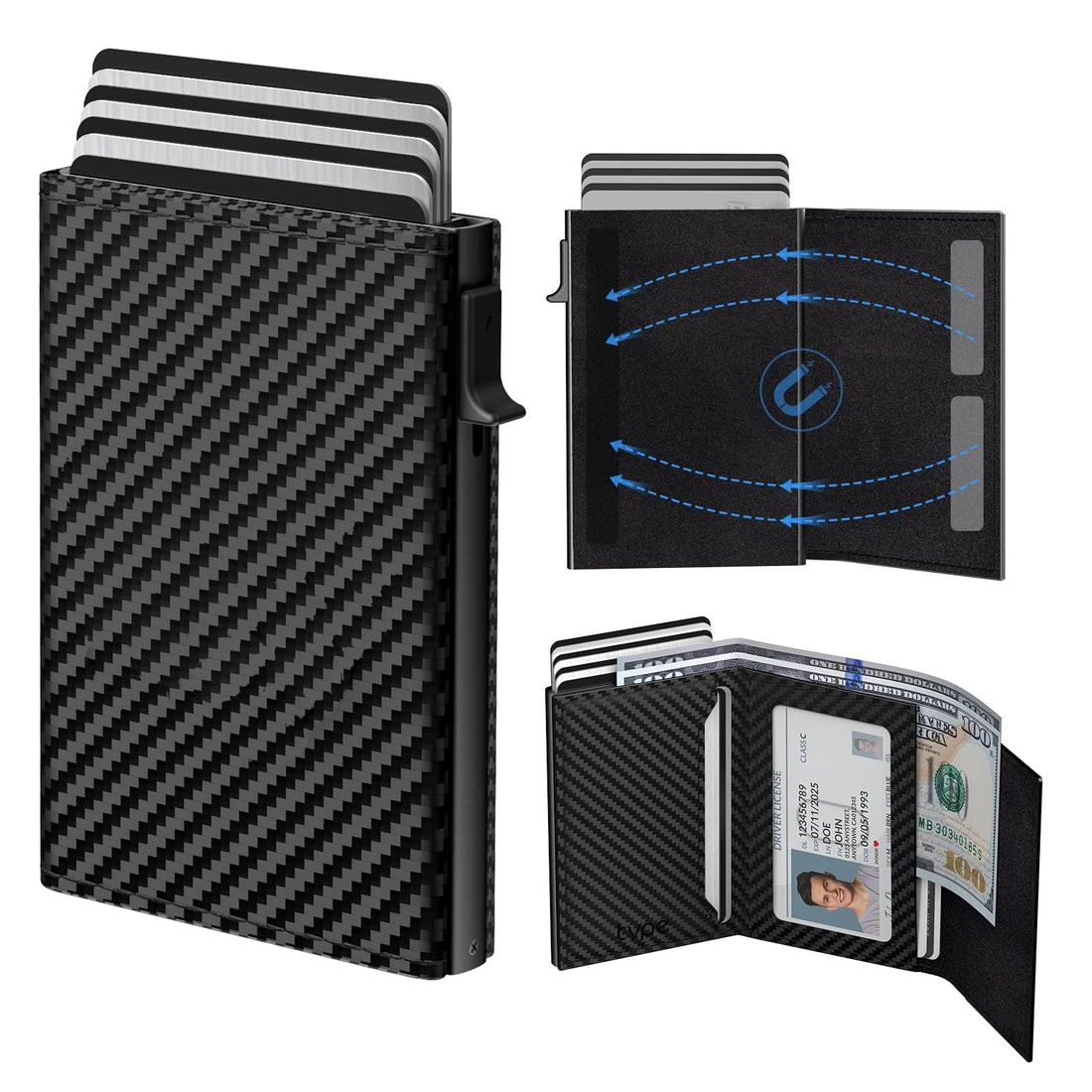 KASTWAVE Mens Wallet Card Holder - Pop Up Card Case, Top Grain Leather, RFID Blocking, Slim, Minimalist, Ultra-Thin, Front Pocket, 12 Card Capacity | ID Window | Cash Slot, Carbon Fibre Black, Classic