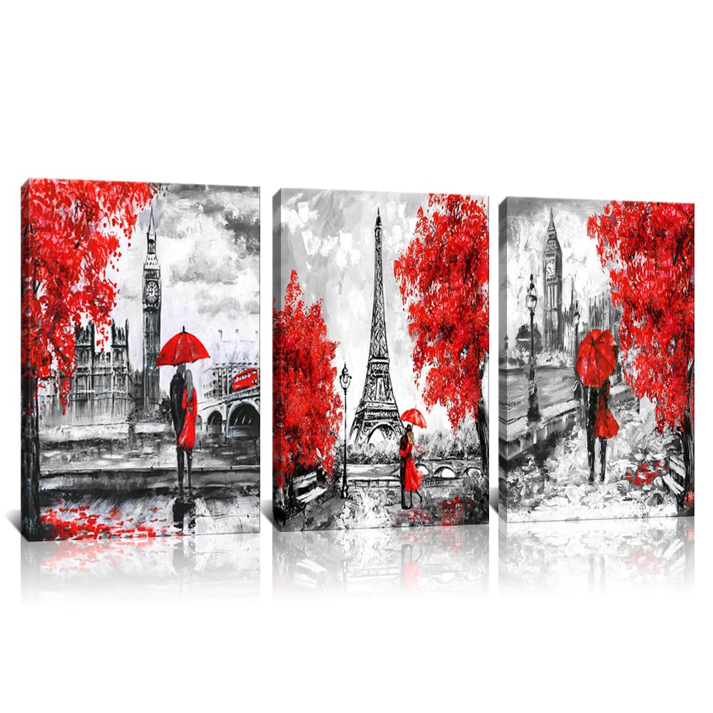 Derkymo 3 Pieces Romantic Couple Canvas Wall Art Effiel Tower Pictures Black and Red Wall Decor Eiffel Tower Big Ben Scenery Picture Artwork Ready to Hang 16"x24"x3pcs