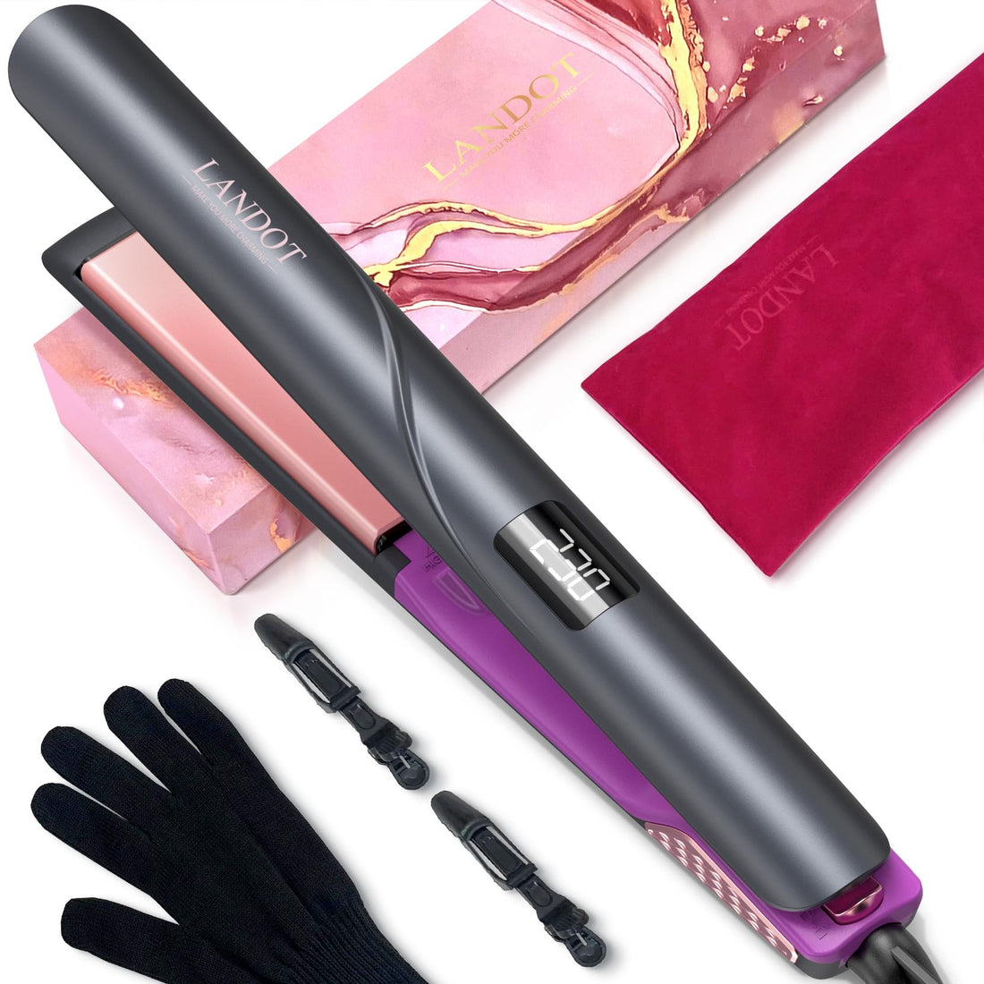 LANDOT Flat Iron Hair Straightener 1-inch: Straightener and Curler 2 in 1 - Professional Ceramic Straightening Curling Iron for Straighten Curl Wave Hair - Dual Voltage 12 Digital Heat Settings