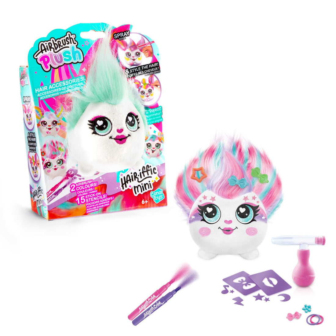 Canal Toys - Airbrush Plush AIR 038 - Mini Plush for Painting & Styling with Airbrush Set, Felt Pens & Stencils - Washable & Reusable - Creative Craft Set for Children from 6 Years