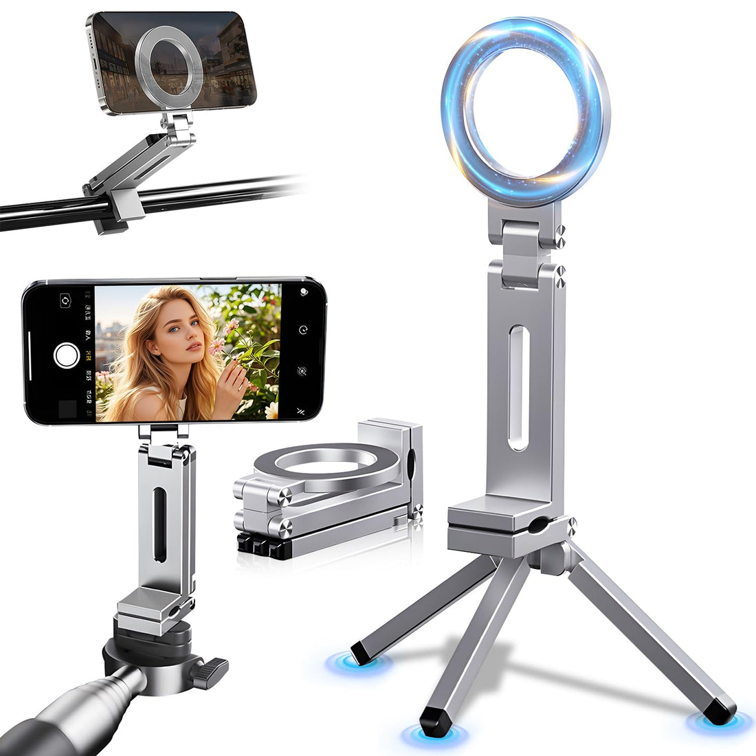 Magnetic Phone Tripod Stand,Tripods Mount Foldable,Magnetic Tripod Selfie Stick,Upgrade Mini Cell Phone Tripods Mount Handle Smartphone Desk Stand for Video Recording Travel