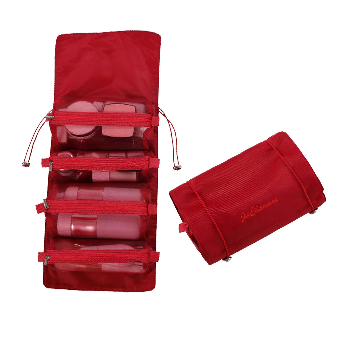 Cosmetic Organizer - Foldable 4-Compartment Travel Makeup Bag with Mesh Zippers for Convenient Storage of Beauty Essentials (red)