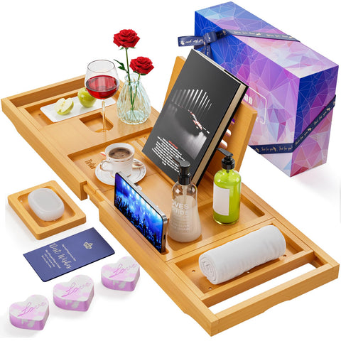 Lux Expandable Bathtub Tray Caddy with 3 Bath Bombs-Self Care and Relaxation Birthday Gifts for Women and Men, Housewarming Gift Idea, for Mom Sister Daughter Wife
