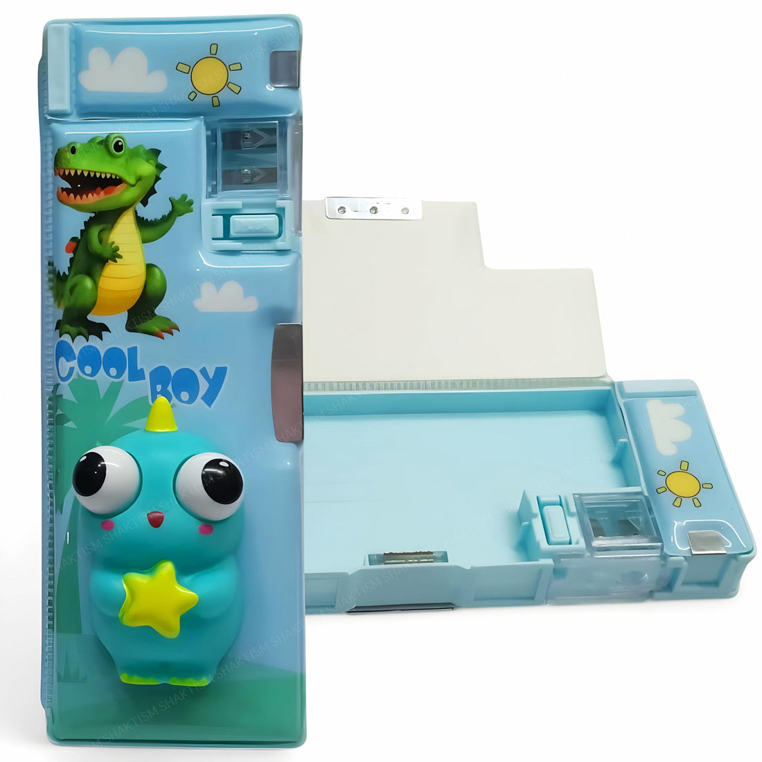 SHAKTISM 3D Squishy Unicorn and Dinosaur Pop Eye Geometry Box, Cartoon Pencil Case for Kids, Interactive Design, 3D Squishy Pop Eye Cartoon Pencil Box for Kids, 3D Dino Pencil Case - Sky Blue, Pop Eye