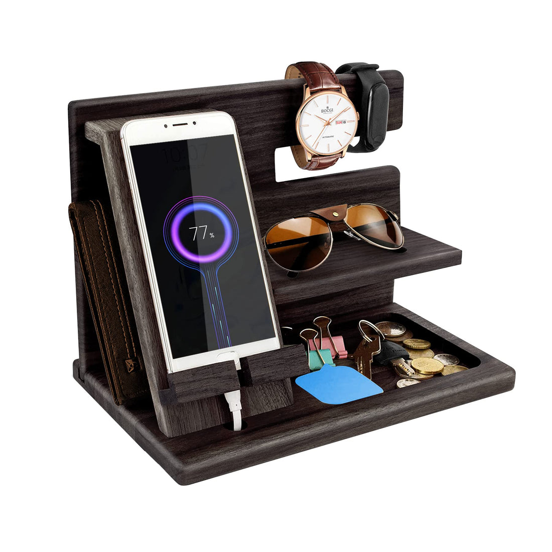Robomanor Men's Christmas gift, useful wooden desk organiser and charging station, watch stand, telephone, desk, Christmas gift, gift idea, dad stand, watch, money gift, birthday present