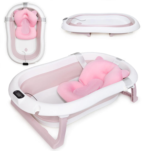Baby Bathtub, Foldable Baby Bathtub, Pink Baby Bath with Thermometer and Bath Pillow, 80 cm Baby Bathtub for Children 0-36 Months, Children's Bathtub, Non-Slip, Portable