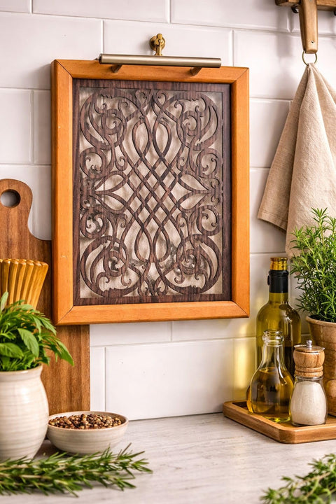 Natural Beech Wood Tray 2 Piece Decorative Geometric Pattern - Luxury Hospitality Tray with Silver Metal Handles - Decorative Piece for Niche or Serving Coffee and Beverages Multi Shapes