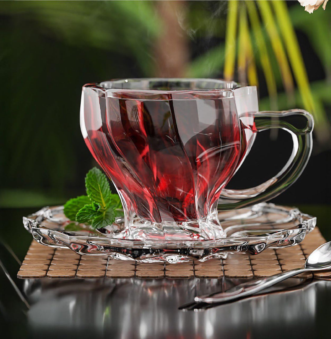 City Glass Twist Tea Mug Set | Tea Mug Set of 6 Mugs + 6 Serving Plates | Rolled Wall Tea Cup Set Comes with Serving Plate (Tea 190ml)