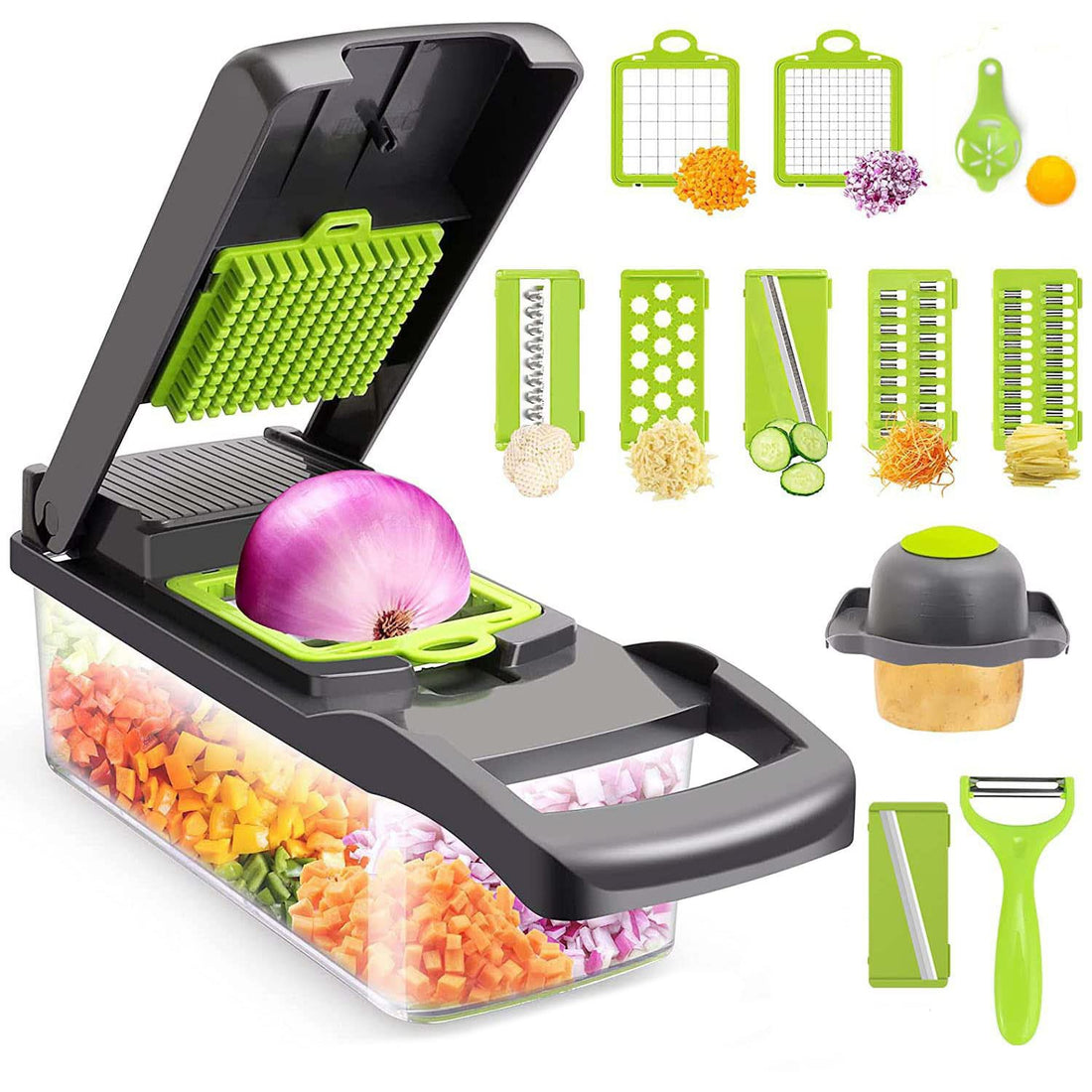 Arabest Vegetable Chopper, Multifunctional 13-in-1 Food Choppers Onion Chopper Vegetable Slicer Cutter Dicer Veggie chopper with 8 Blades,Colander Basket,Container for Salad Potato Carrot Garlic