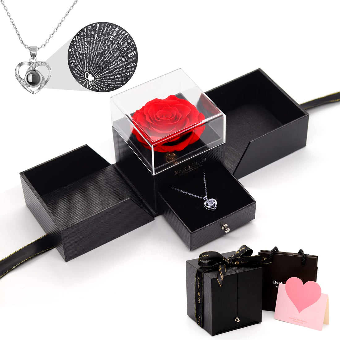 Preserved Rose Gift Box with Love You 100 Languages Necklace Box Gift Handmade Forever Red Rose for Valentines Day Wedding Anniversary Birthday Romantic Gifts