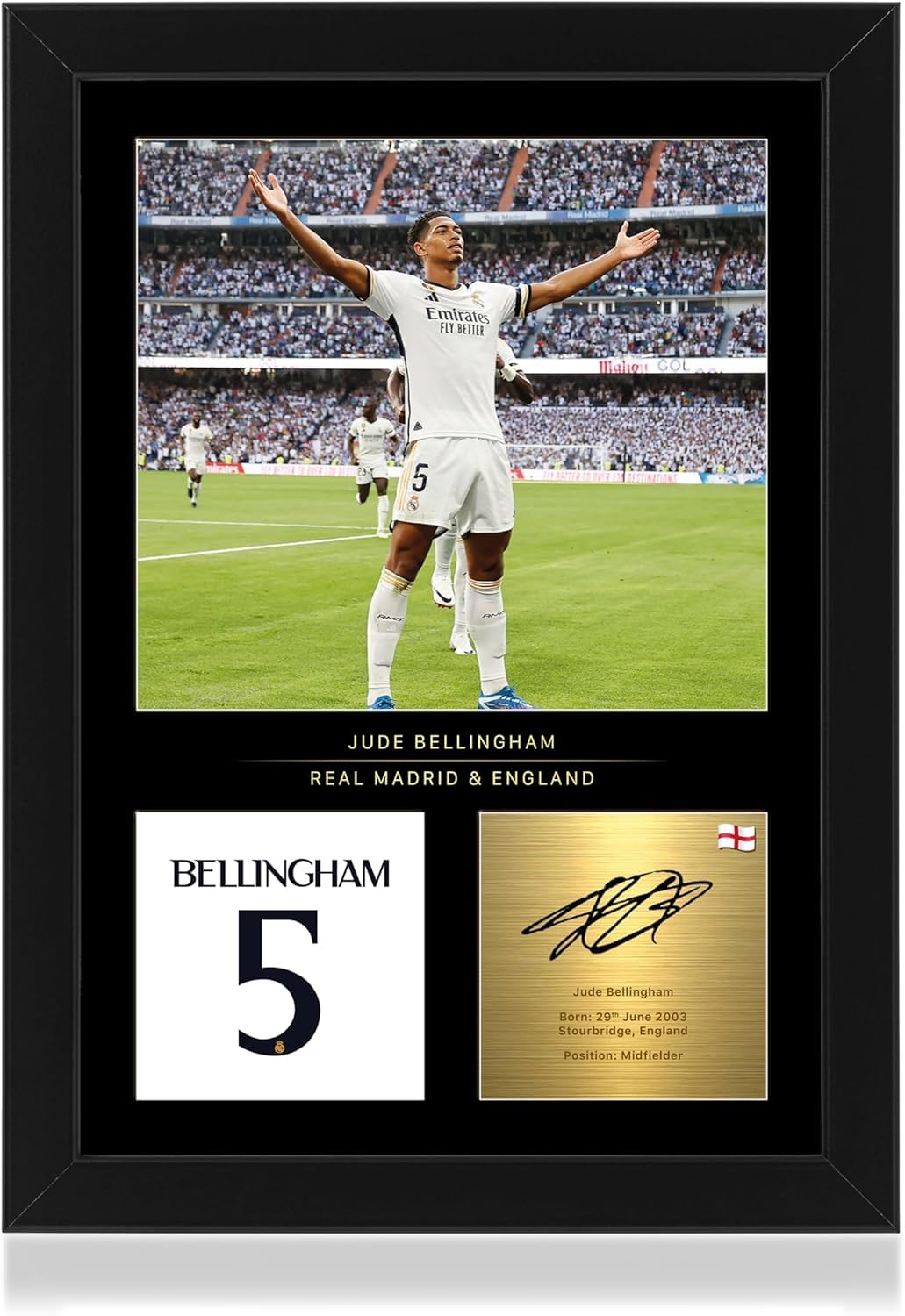 FC Good Bellingham Framed Photo Display - Reproduced Digital Signature - Gift for Real Madrid Fans (White, 20 x 30 cm)