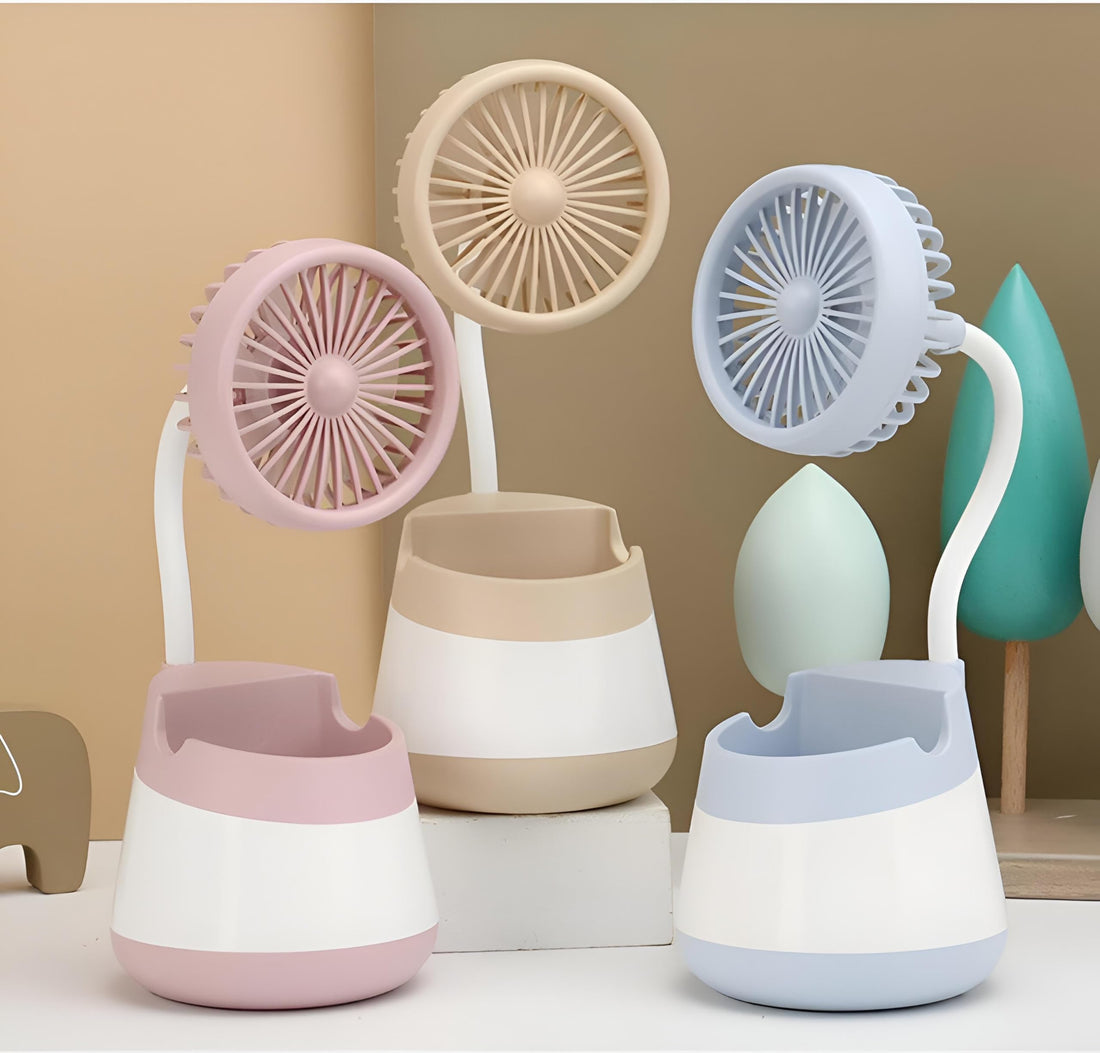 Cooling Fan - Compact and stylish desk unit with high-efficiency cooling power and lightweight portable body. The versatile design allows it to function as a mobile phone holder, remote holder, and pe
