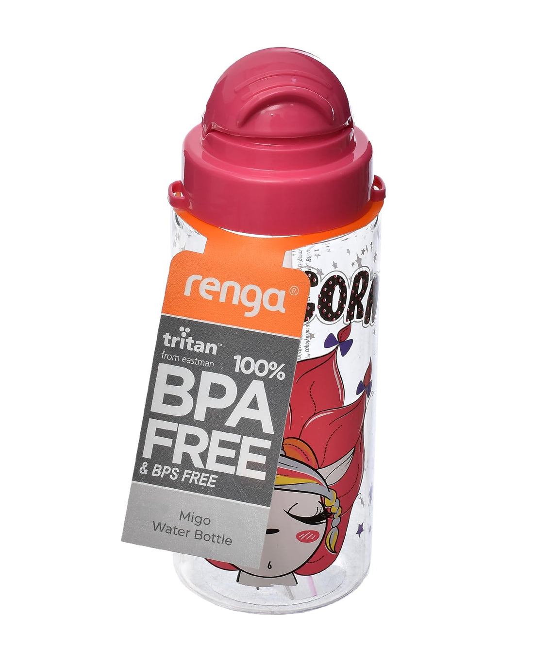 Renga Migo Decorated Tritan Water Bottle With Straw 500 ml Pink