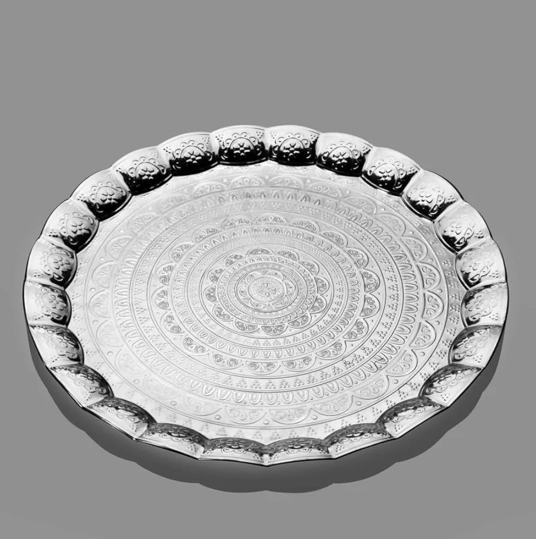 Turkish Round Silver Decorative Tray, Coffee and Tea Serving Tray 14 (Inch), Home Table Decor