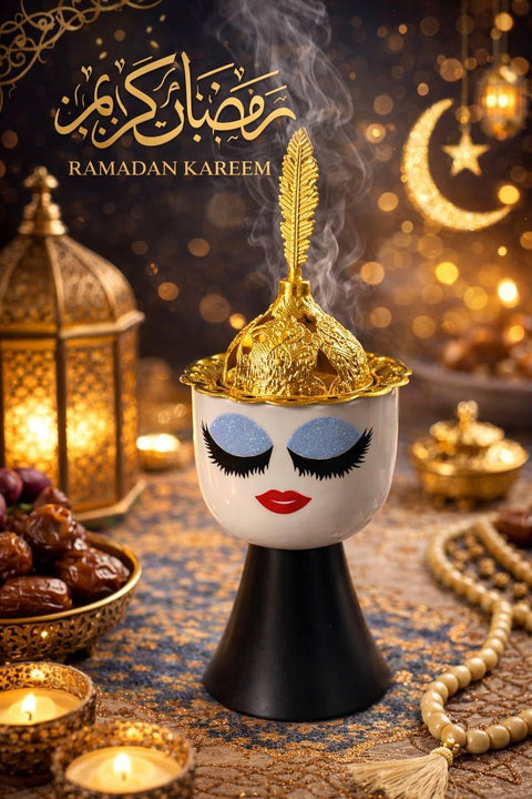 Porcelain Incense Burner with Sturdy Metal Base and Decorative Ottoman Metal Cover for Oriental Decor and Add Elegant Touch to Home Majlis and Ramadan Atmosphere