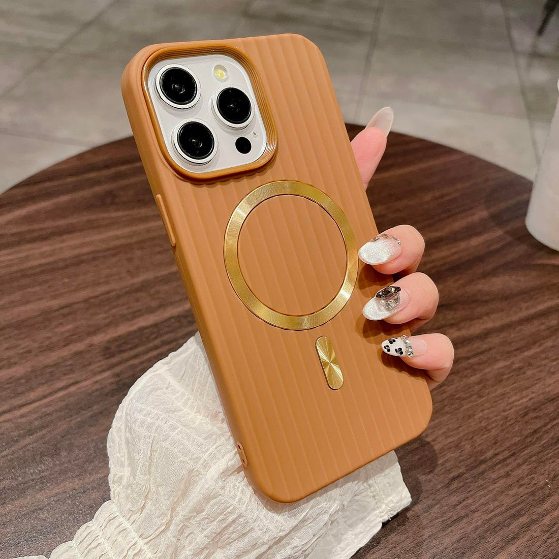Eco Plating Matte Style Corrugated Stripe Luggage Case for iPhone Cover 12 13 14 15 16 16e Pro Max Wireless Charging Magnetic Luxury Case Wave Design (Brown, 15 pro Max)