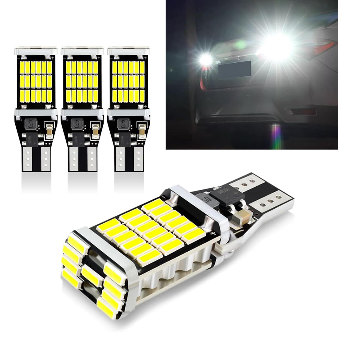 4 PCS T15 Car Brake Light, 4014-45SMD Non-Polar High-Brightness Decoder Reversing Lamp Turn Signal, 360° All-round Lighting Accessories, Compatible with Most Models (White)