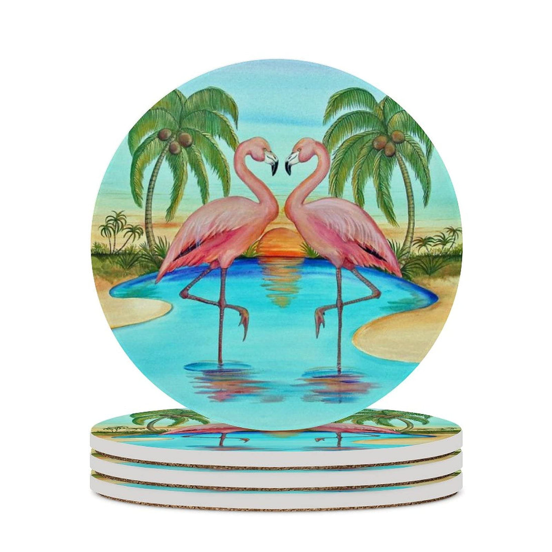 Pink Flamingo Round Ceramic Stone Coaster 4-Piece Set Round Coaster Drink Absorption Coaster with Cork Base (3.9 inches)