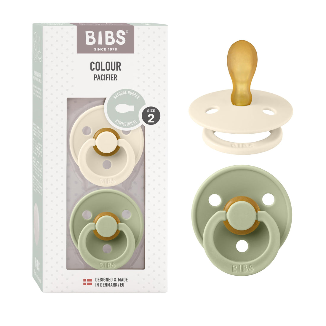 BIBS Pacifiers - Set of 2 | Pacifier with Symmetrical | BPA-Free Natural Rubber | Made in Denmark | Ivory/Sage, 6-18 Months