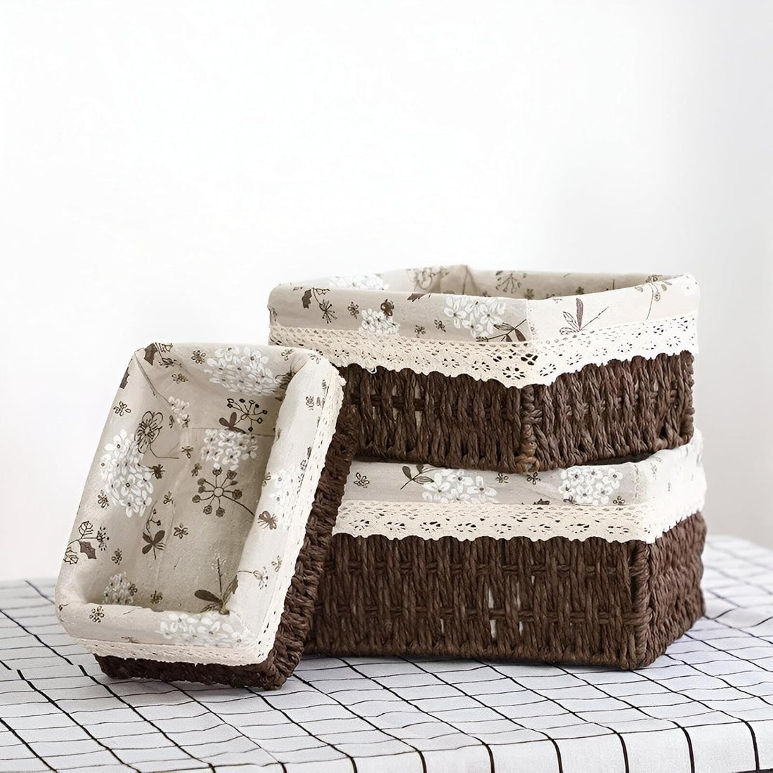 Woven Rattan Basket Set of 3 Rectangular Storage Organizer with Floral Pattern Linen Lining and Durable Metal Frame for Home Organization