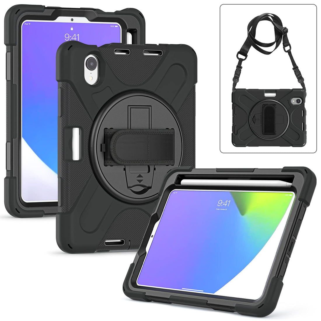 New iPad Mini 6 Case 2021, zenrich Heavy Duty Shockproof Rugged Mini 6 Case A2568/A2569 with Pencil Holder Kickstand Hand Strap Carrying Shoulder Belt for iPad Mini 8.3 inches Tablet,Black