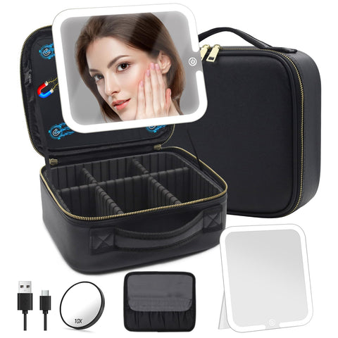 Travel Makeup Bag with Magnetic Removable LED Lighted Mirror, Cosmetic Organiser Train Case with Adjustable Dividers, 3 Color Settings Vanity Make up Storage Case Portable Waterproof Traveling Box
