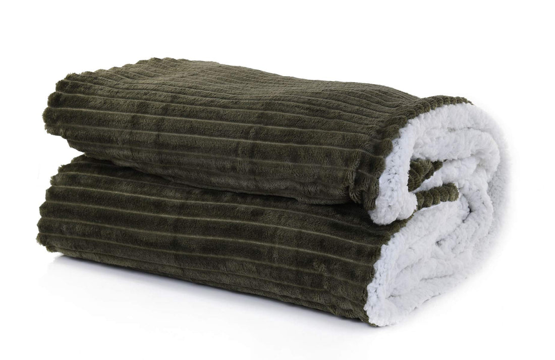 Mintra Home Sherpa Stripe Flannel Throw Blanket (Olive Green, 86in x 94in (XLarge))
