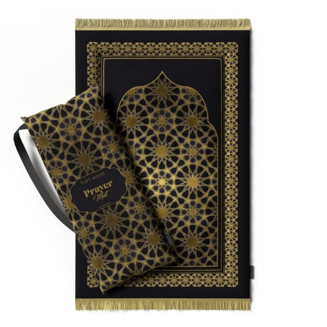 ART MOOD HOME Prayer Mat Opulent, Velvet with Elegant Design, Soft Low Pile with Supportive Cushioning, Lightweight and Foldable for Home and Mosque, 117L × 68W cm, Gold and Black