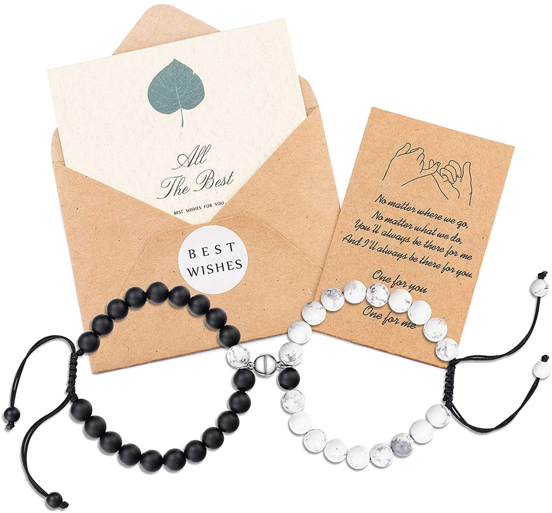 Lanqueen Couples Mutual Attraction Matching Bracelets Matte Agate Bracelet Vows of Eternal Love Charms Adjustable Jewelry Valentine Day Gifts Set for Lover Women Men Friend, Stone Magnet Silver