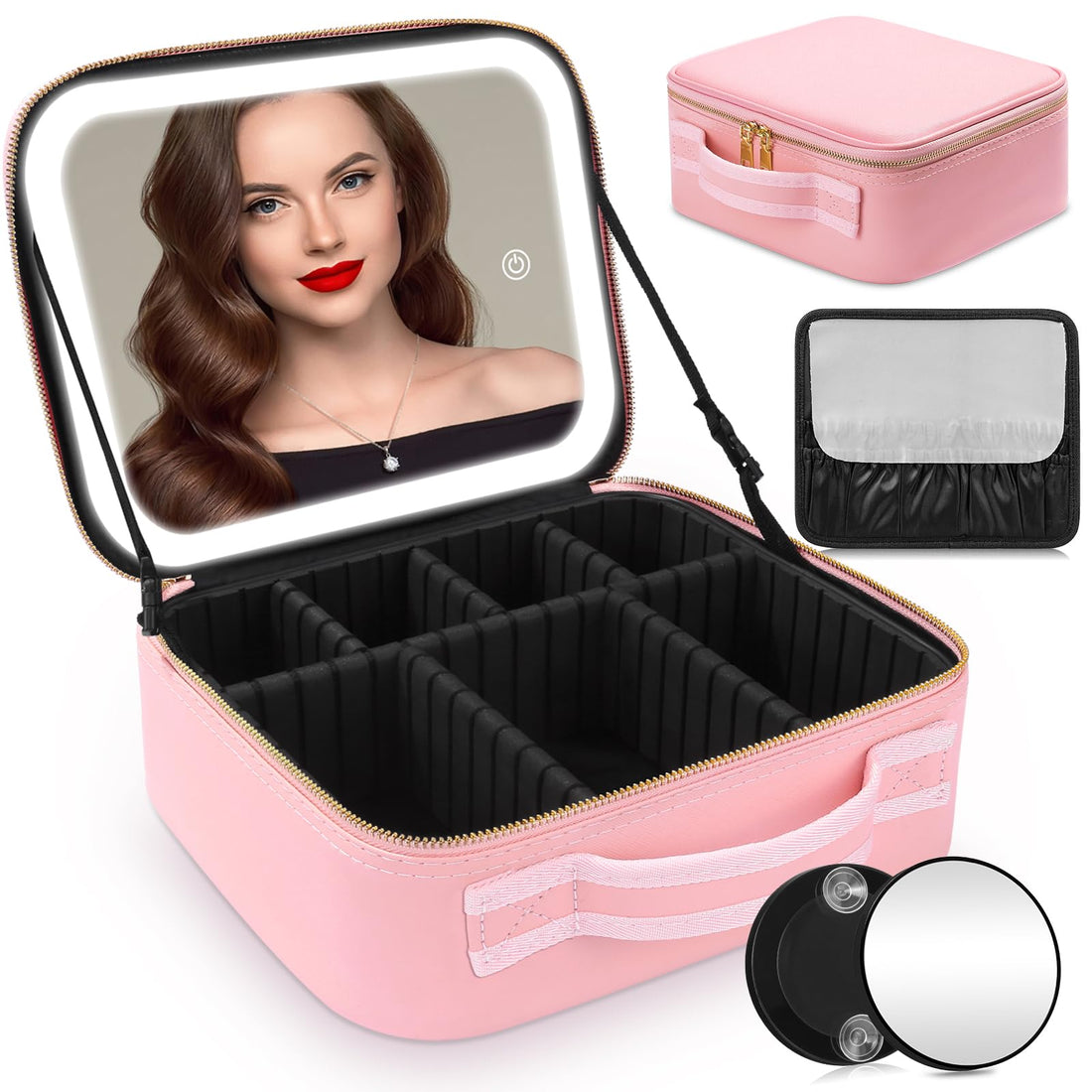 Travel Makeup Bag Cosmetic Bag Make up Organizer Bag with Large Lighted Mirror 3 Color Modes Adjustable Brightness, Waterproof PU Leather Makeup Travel Case Makeup Train Case Toiletry Gift Accessories