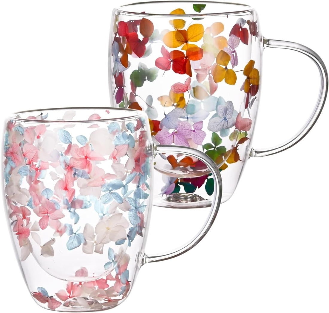 1PC - Novelty Dry Flower Shape Double Wall Coffee Mug - 12oz/Cup - Mother's Day Gifts, Clear Glass Mug with Handle, Heat Resistant Insulated Glasses for Hot and Cold Drinks,