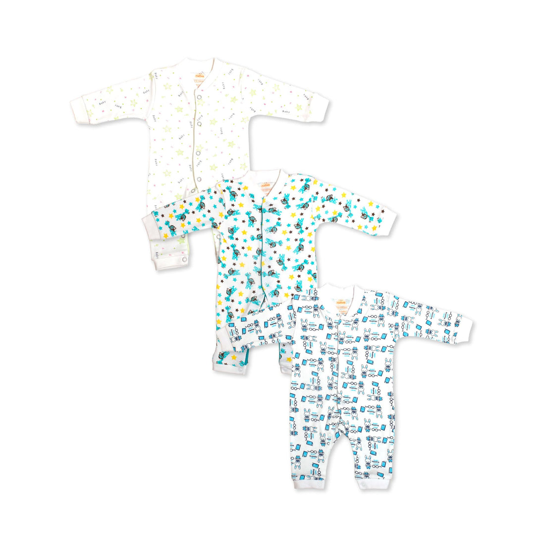 The Muffins Baby Cotton Long Sleeve Jumpsuits 3-Pack | Easy Diaper Access | Made in Egypt