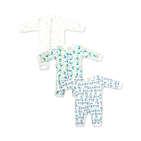 The Muffins Baby Cotton Long Sleeve Jumpsuits 3-Pack | Easy Diaper Access | Made in Egypt
