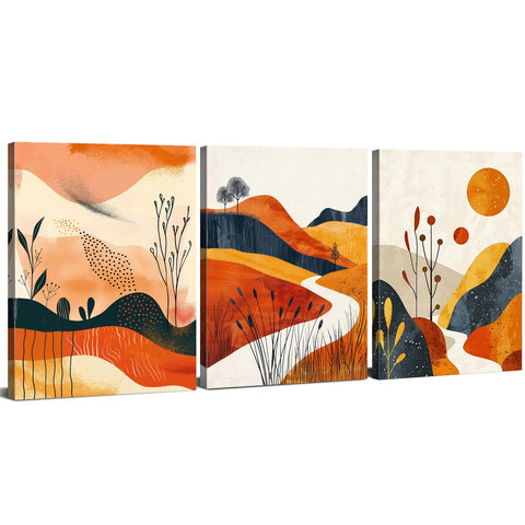 Set of 3 Boho Framed Wall Art for Living Room Abstract Mountain Desert Bedroom Pictures Mid Century Modern Wall Decor Orange Boho Home Decor Minimalist Neutral Artwork Office Decorations 30x40cm