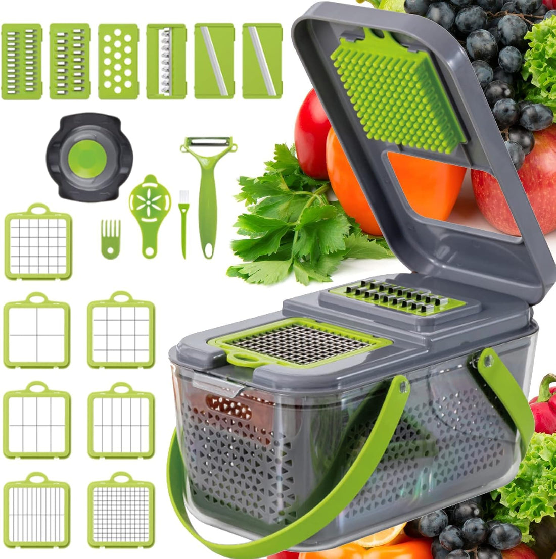 Versatile Vegetable Slicer with Strainer and Storage Box - Contains 22 Pieces with Grater & Cutters for Assorted Vegetables and 14 Weapons for Food Preparation | From Generic