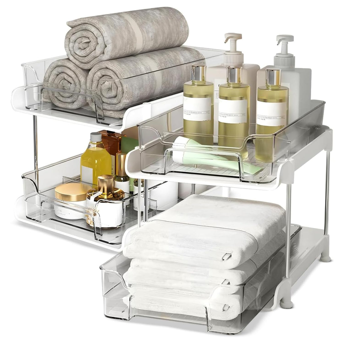 Under Sink Organizers and Storage 2 Pack, Pull Out Bathroom Kitchen Cabinet Organizer, 2 Tier Stackable Pantry Organization and Storage for Bathroom Kitchen Cabinet, Under Counter Storage Organizer