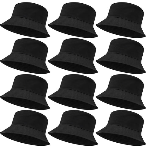 12 Pack Bucket Hats for Women Men, Solid Color Unisex Packable Sun Hat Fishman Cap for Holiday & Travel, Black, One size