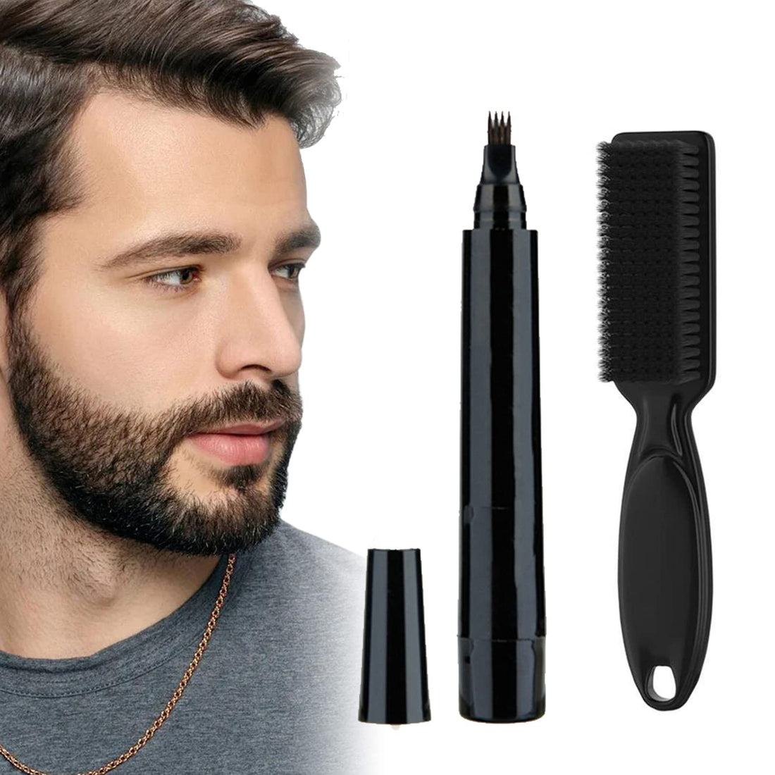 DMQ Beard Pencil Filler For Men with Brush,Eyebrow Pencil Tattoo Eyebrow Pen with Fork Tip,Hair and Beard Filler, Waterproof, Long Lasting, Natural,Hair and Beard Filler for Women and Men (Black)